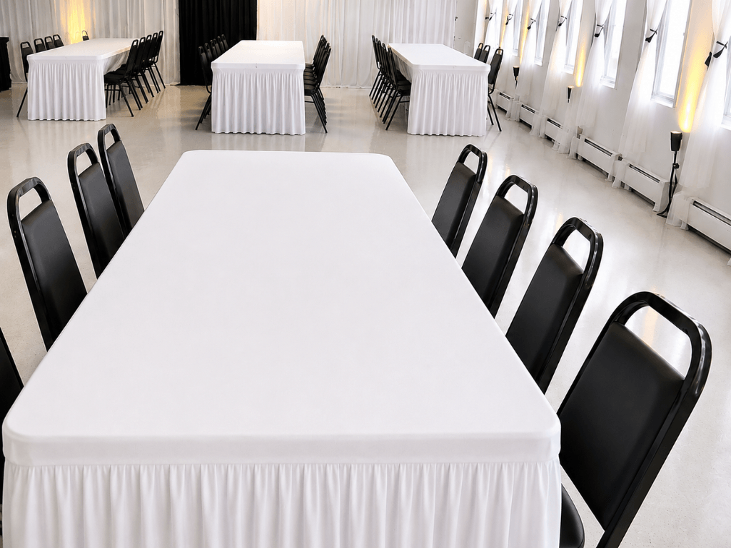 signature event package with rectangle tables white tablecloths and banquet chairs