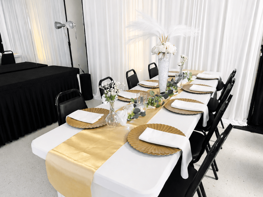 White and gold elegant luxury experience event setup at TD Event Space