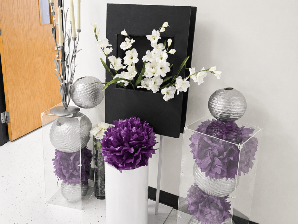 Decorative floral display for event venue entrance