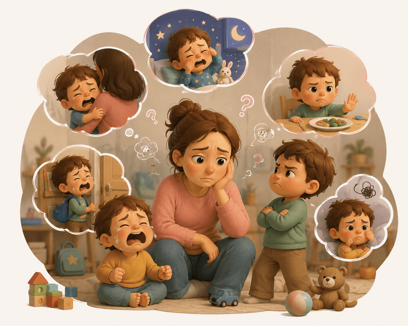 Une maman entourée de son enfant, avec des bulles illustrant ses pleurs, sa colère et ses inquiétudes du quotidien
