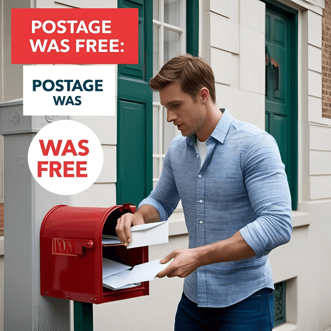 Man mailing a letter at USPS with “Postage Was Free” graphic – Step 3 of Prepaid Secrets using legal method at the post office