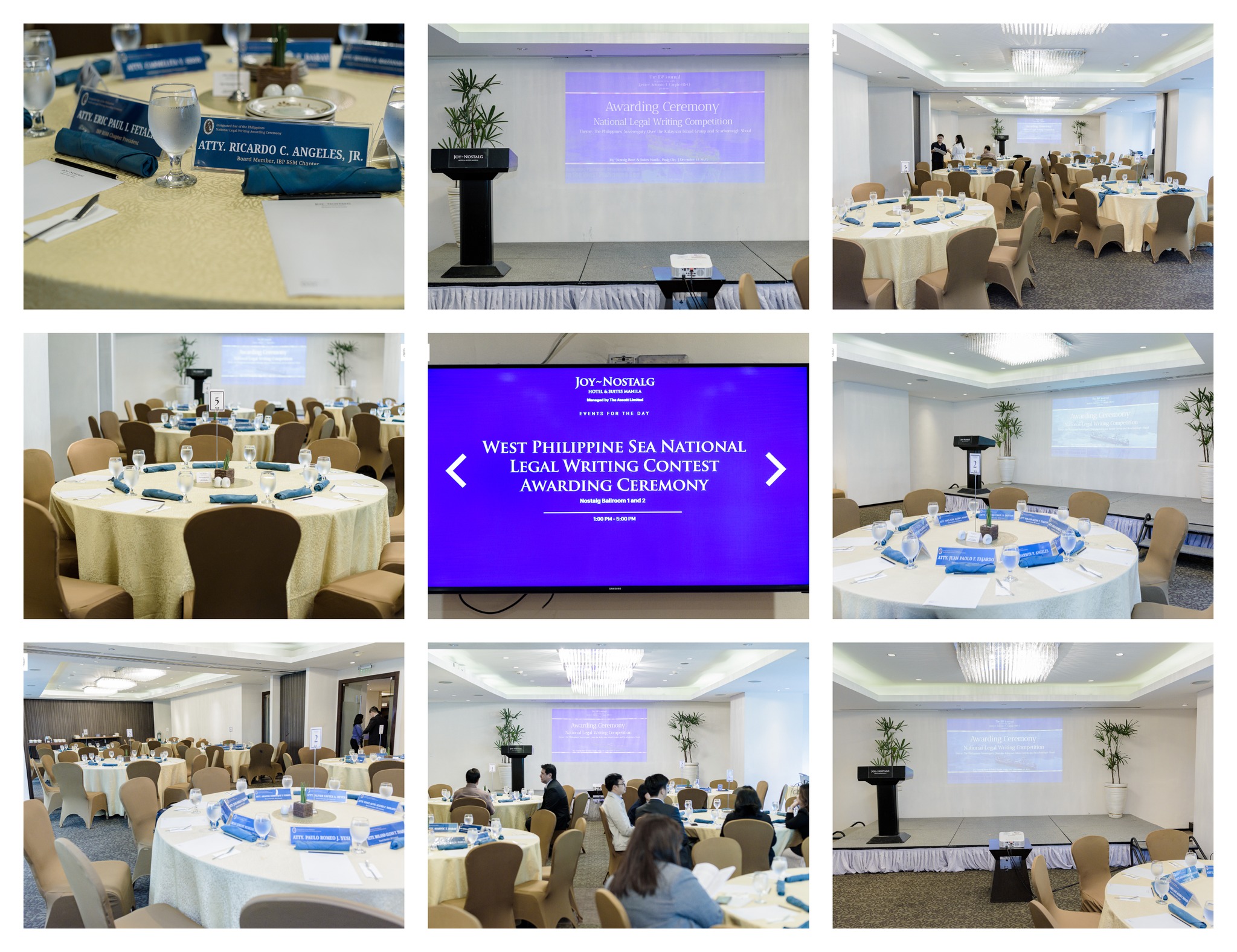 photo collage showing the stage, tables and chair settings, guests, table arrangements in a corporate event