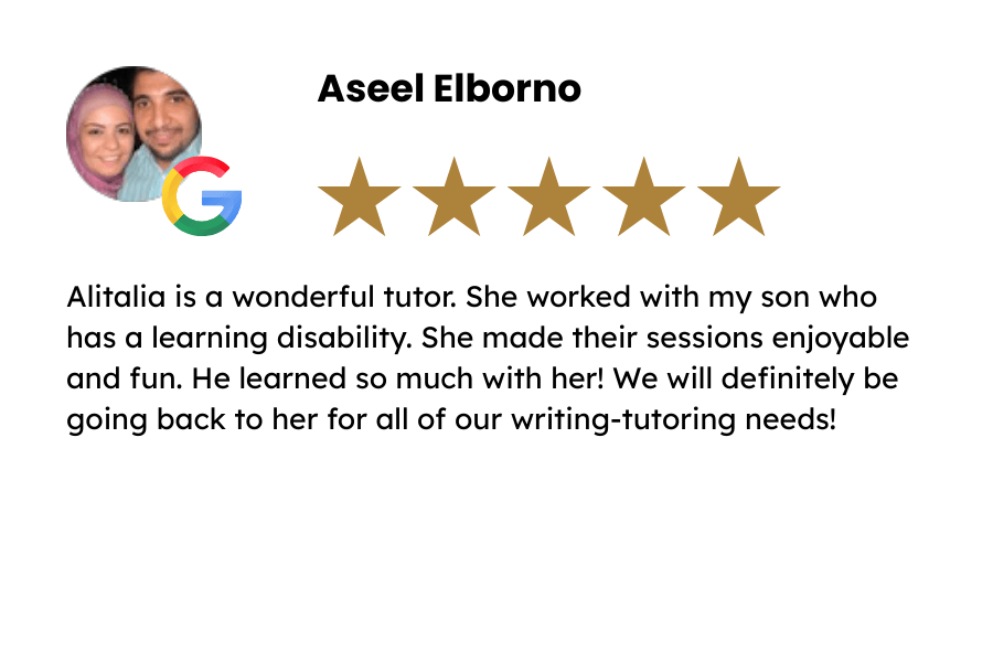 5-star Google review for Learning Re-Engineered tutoring from parent praising Alitalia as a wonderful tutor who helps children with learning disabilities build confidence and enjoy writing lessons