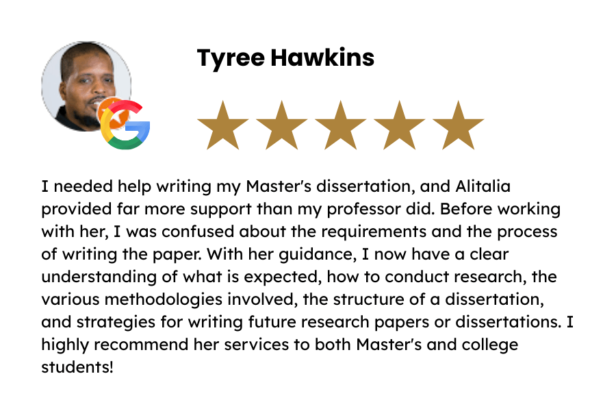 5-star Google review from Tyree Hawkins praising Alitalia at Learning Re-Engineered for dissertation tutoring support, helping Master’s and college students with research, writing, and academic success.