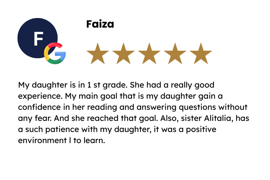 5-star Google review from Faiza praising Alitalia at Learning Re-Engineered for helping her 1st grade daughter build reading confidence, answer questions without fear, and enjoy patient, supportive tutoring