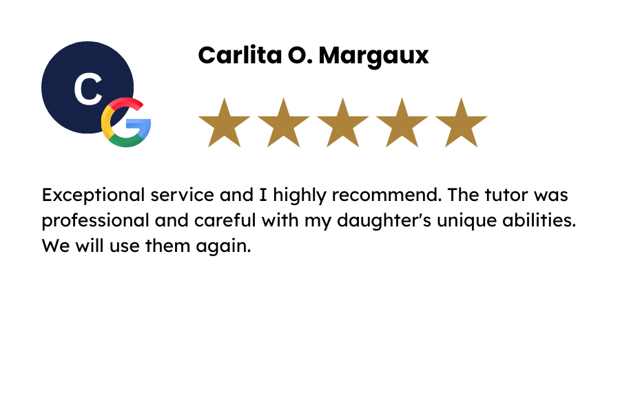 5-star Google review from Carlita O. Margaux praising Alitalia at Learning Re-Engineered for exceptional tutoring, professionalism, and supporting her daughter’s unique learning needs.
