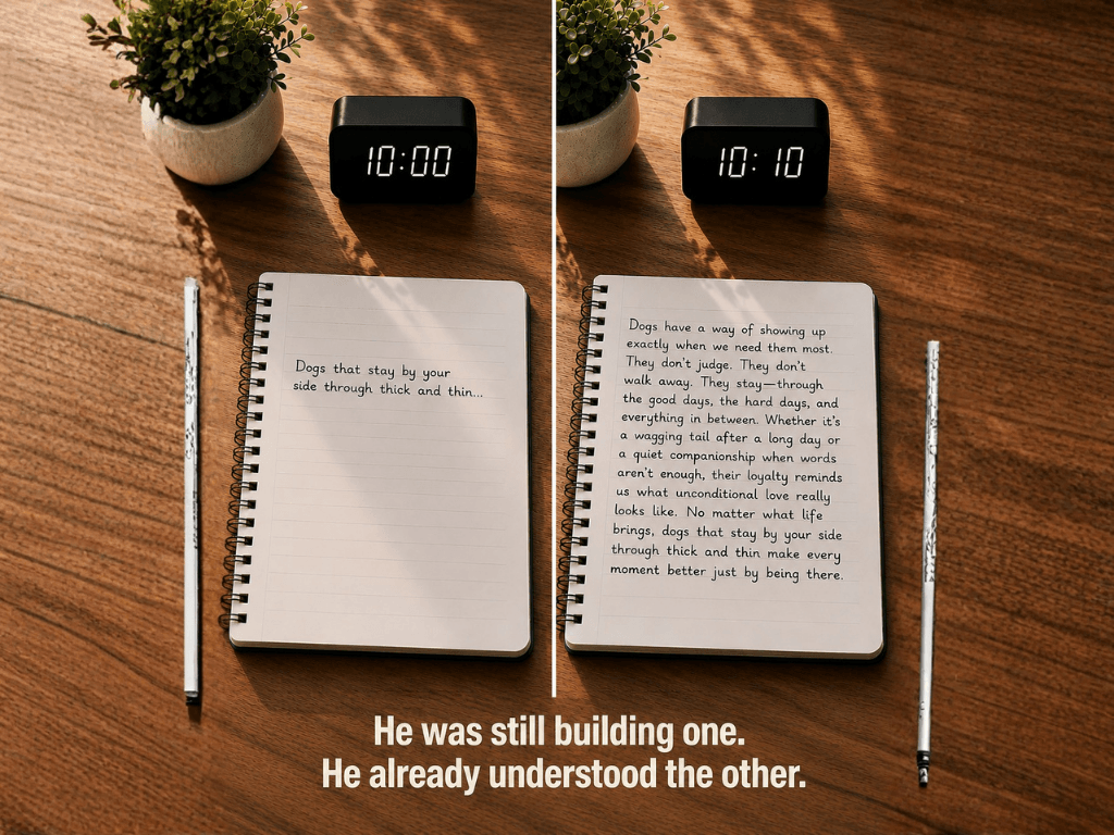 Two spiral notebooks side by side on a warm wooden desk, each showing a clock above it, the left clock reading 10:00 and the right clock reading 10:10, with handwritten text on each notebook page showing two different writing samples from the same session ten minutes apart, with text: He was still building one. He already understood the other.