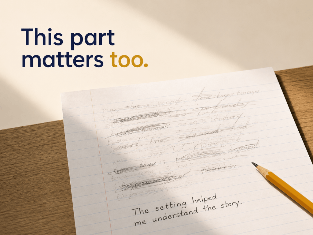 A close-up of a handwritten notebook page with crossed out and reworked writing, a pencil resting beside it, illustrating the process of a child evaluating and revising their own work, with text: This part matters too.
