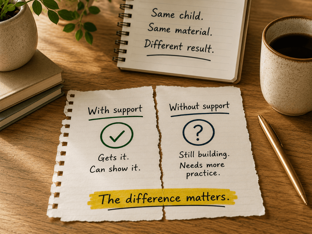 A torn notebook page lying flat on a warm wooden desk split into two sections. The left section labeled With support shows a checkmark and the words Gets it. Can show it. The right section labeled Without support shows a question mark and the words Still building. Needs more practice. A yellow highlighted banner at the bottom reads The difference matters. In the background a spiral notebook shows the handwritten text Same child. Same material. Different result, with text: With support. Gets it. Can show it. Without support. Still building. Needs more practice. The difference matters.