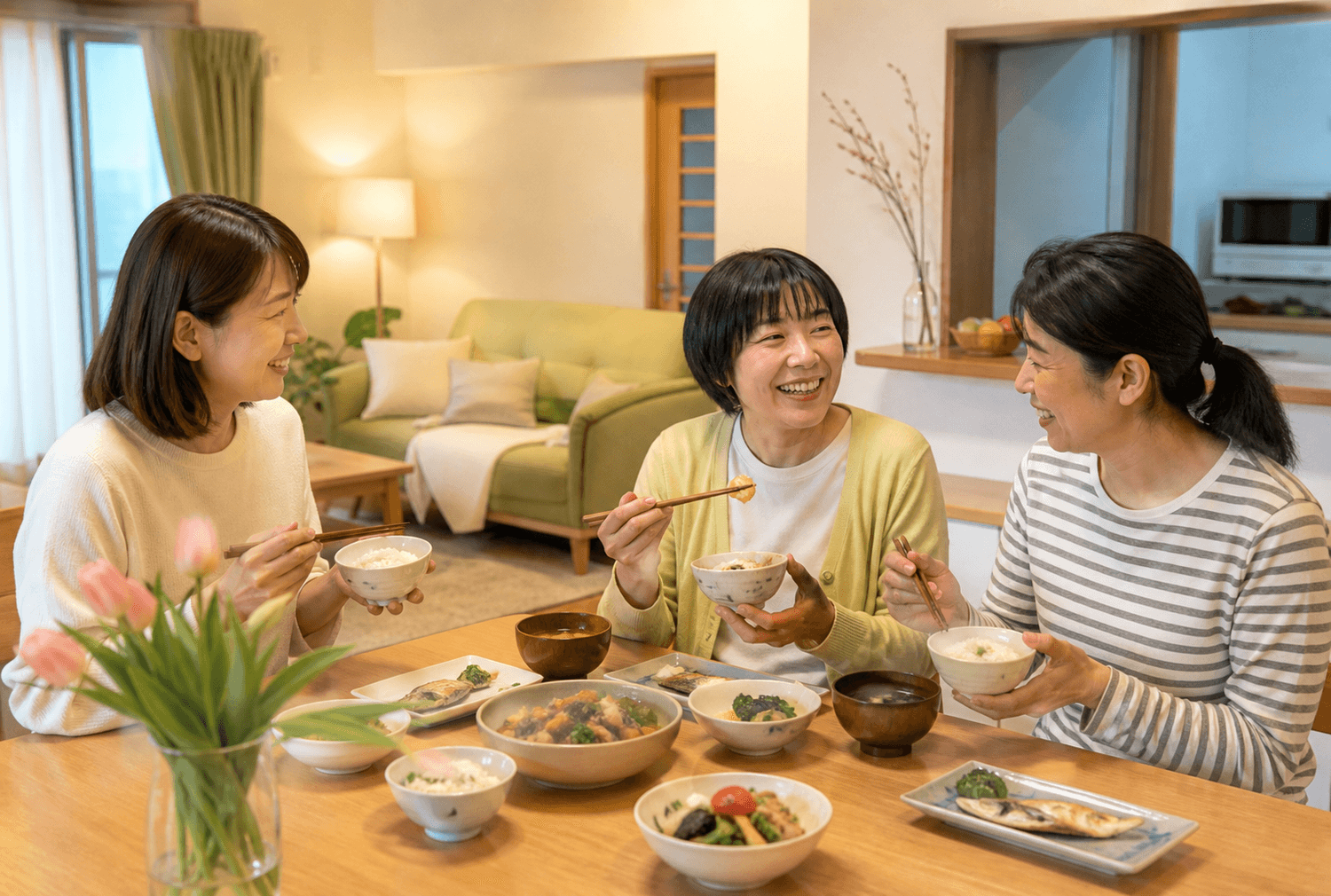 あたたかな食卓を囲み穏やかに過ごす女性たち