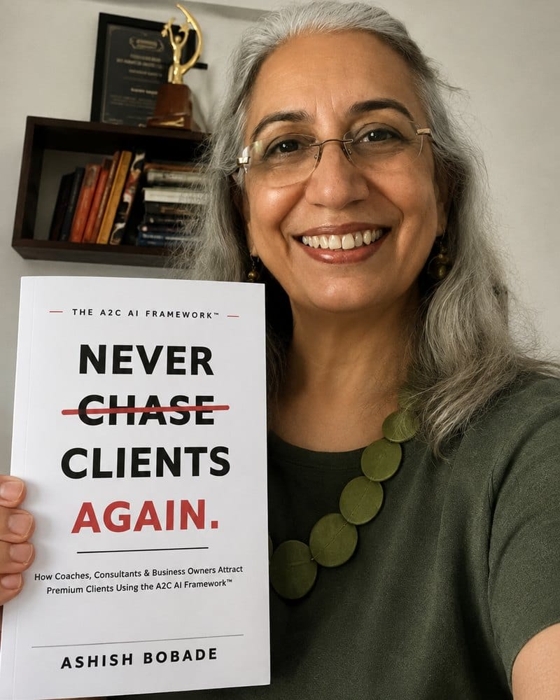 Parul Diwan with a copy of Never Chase Clients Again