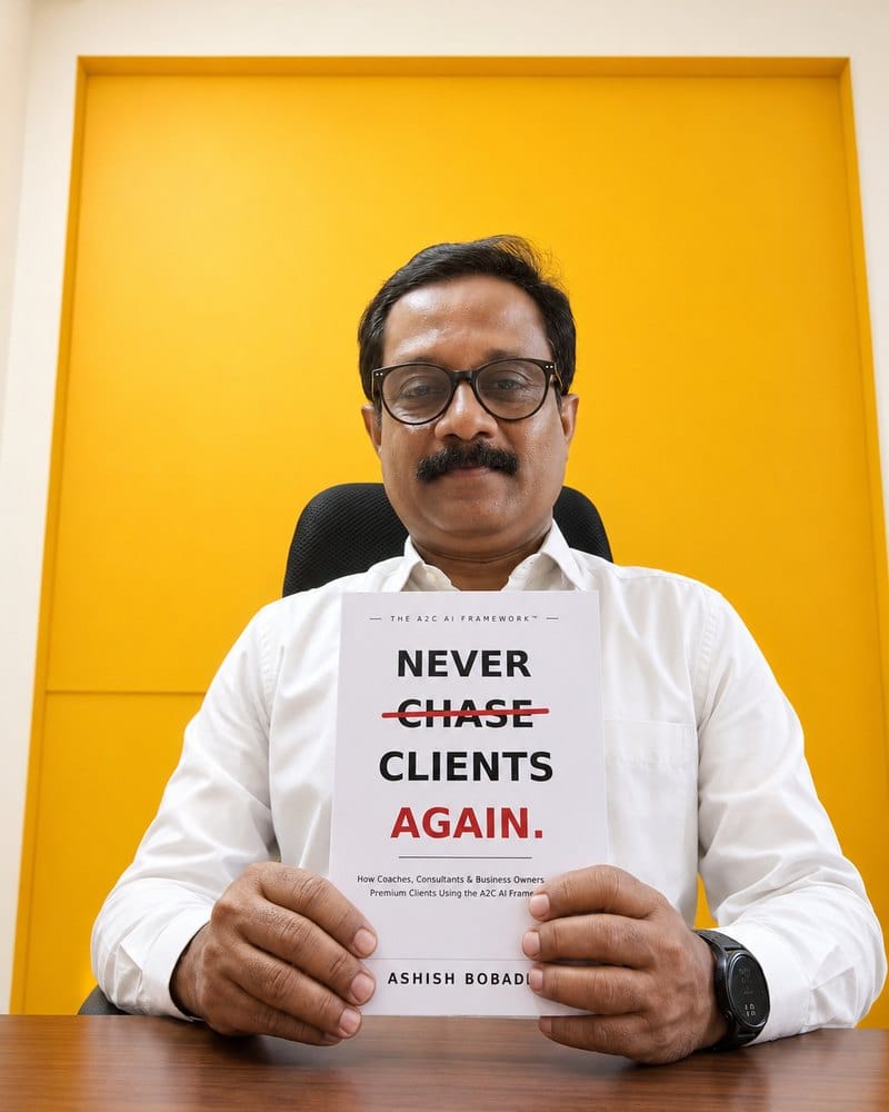 Santosh Powar with a copy of Never Chase Clients Again