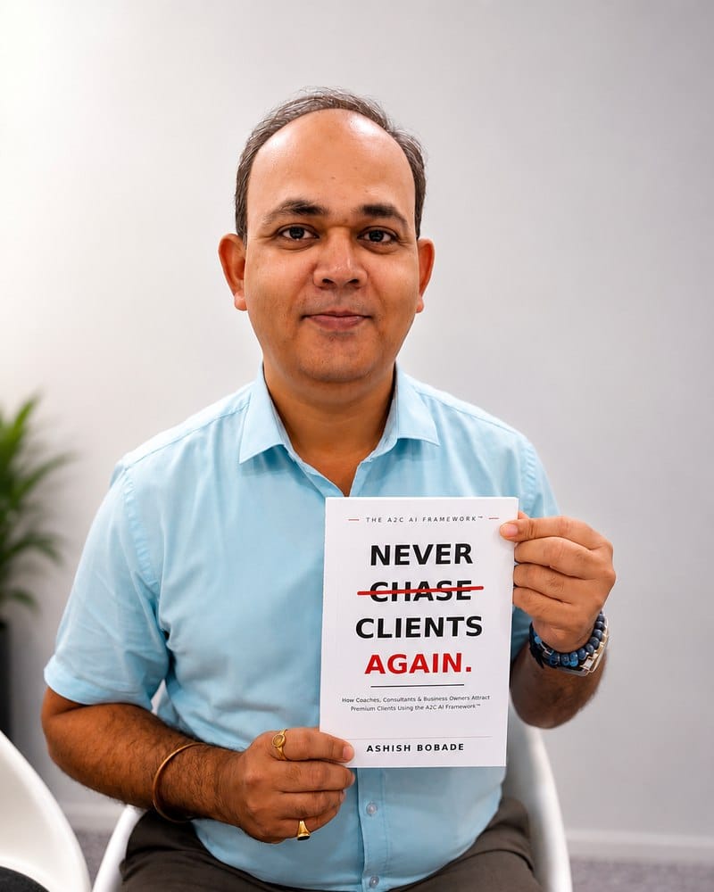 Dr. Mahesh Patil with a copy of Never Chase Clients Again