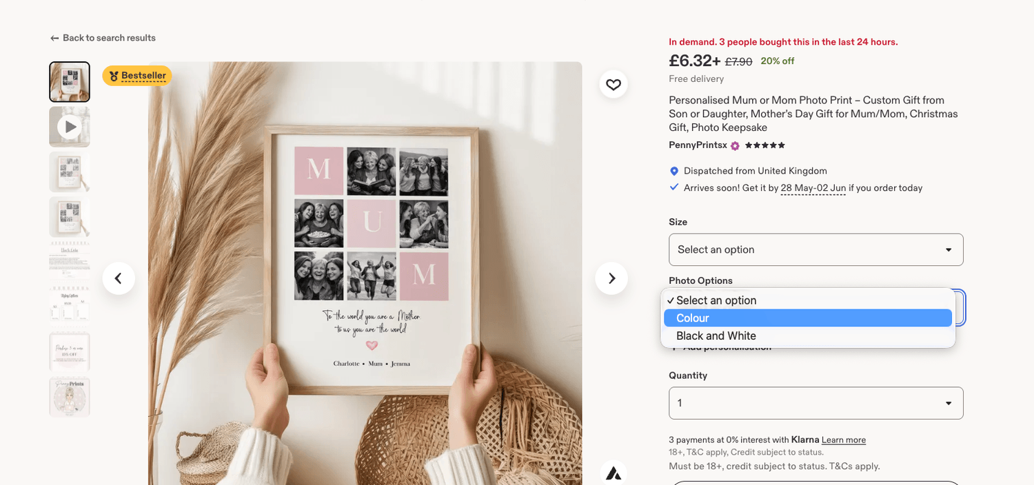 Пример за опции в Etsy listing