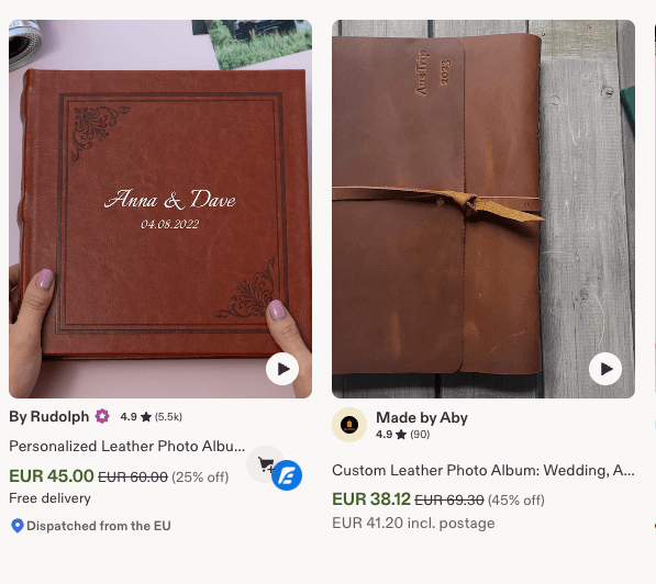 Сравнение на два листинга за сватбен албум в Etsy търсене