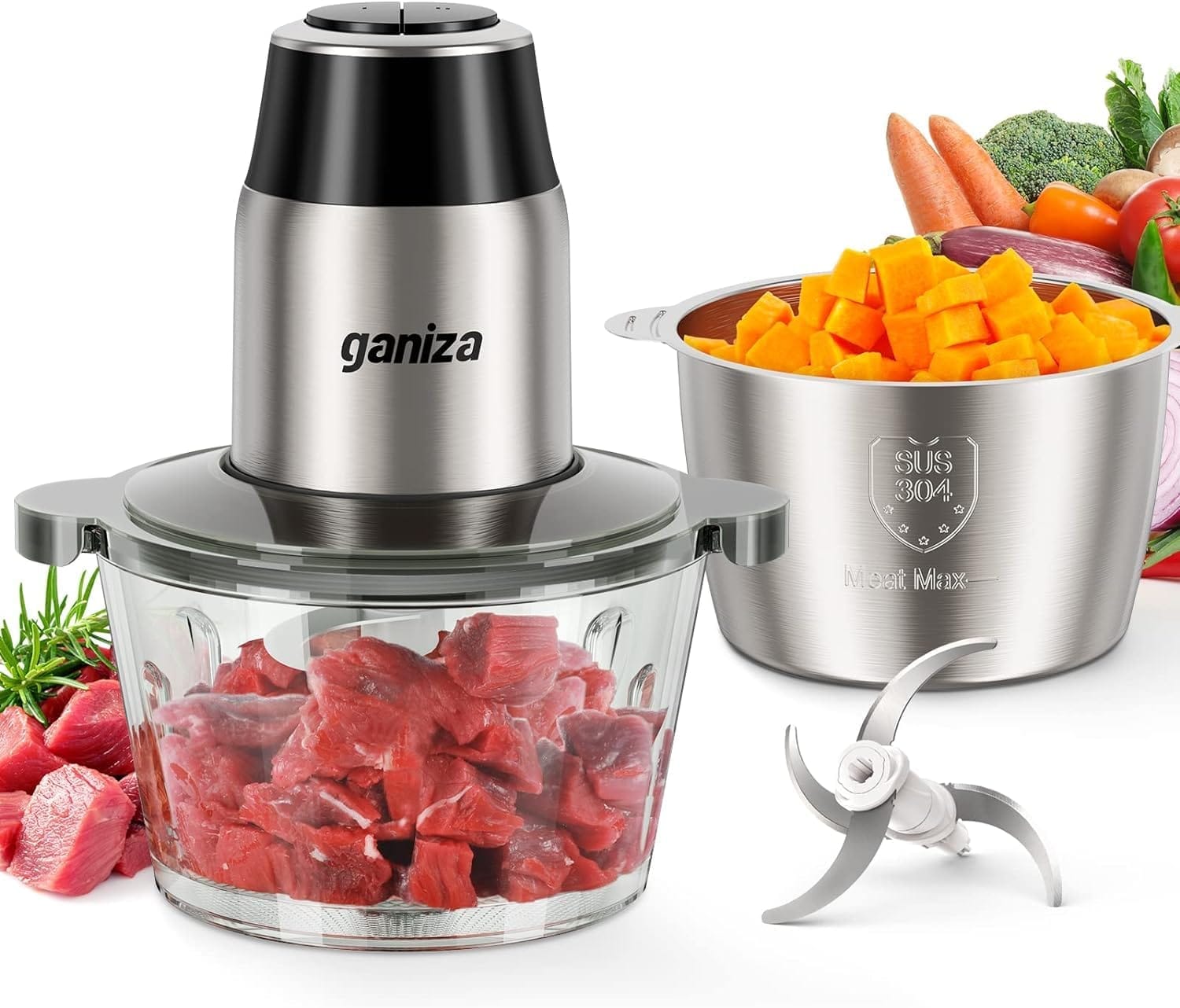Food processor and vegetable chopper with two bowls