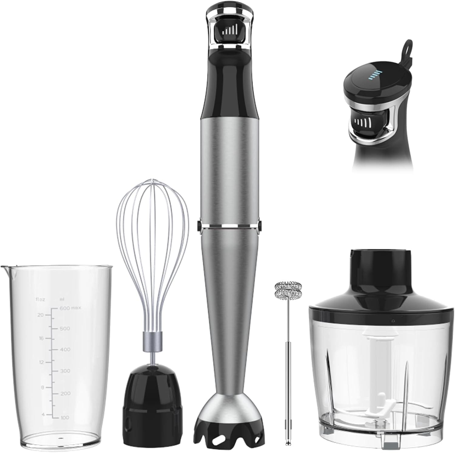 Five-in-one immersion blender with chopper whisk and frother attachments