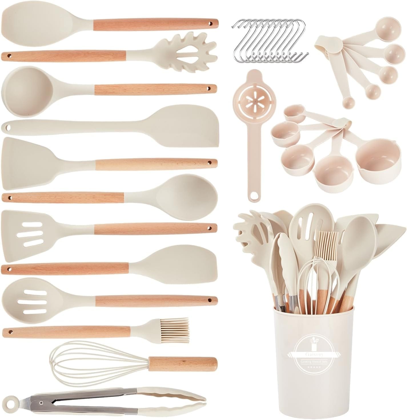 Cream silicone kitchen utensil set with wooden handles