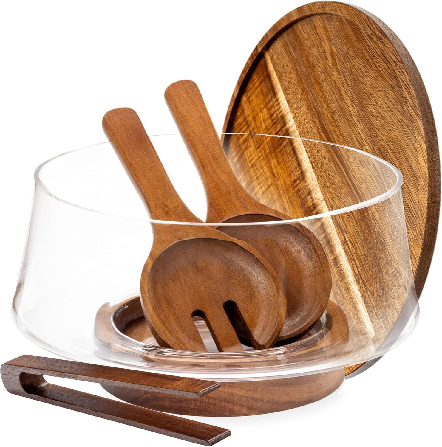 Large glass salad bowl set with wooden lid