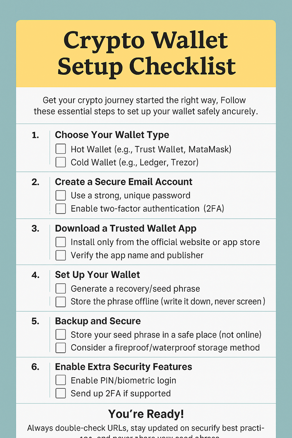Infographic checklist showing steps to set up a crypto wallet, including choosing a wallet type, securing private keys, enabling two-factor authentication, and backing up wallet information.”