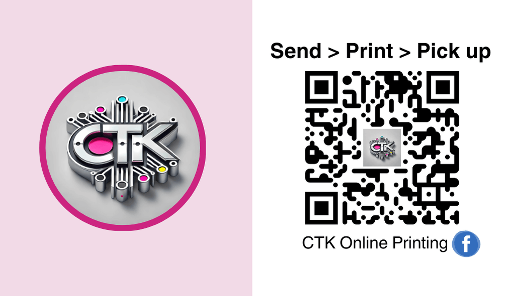 A Calling card style graphic with the CTK logo on the left side in light pink background and the Facebook page QR code on the right side with white background