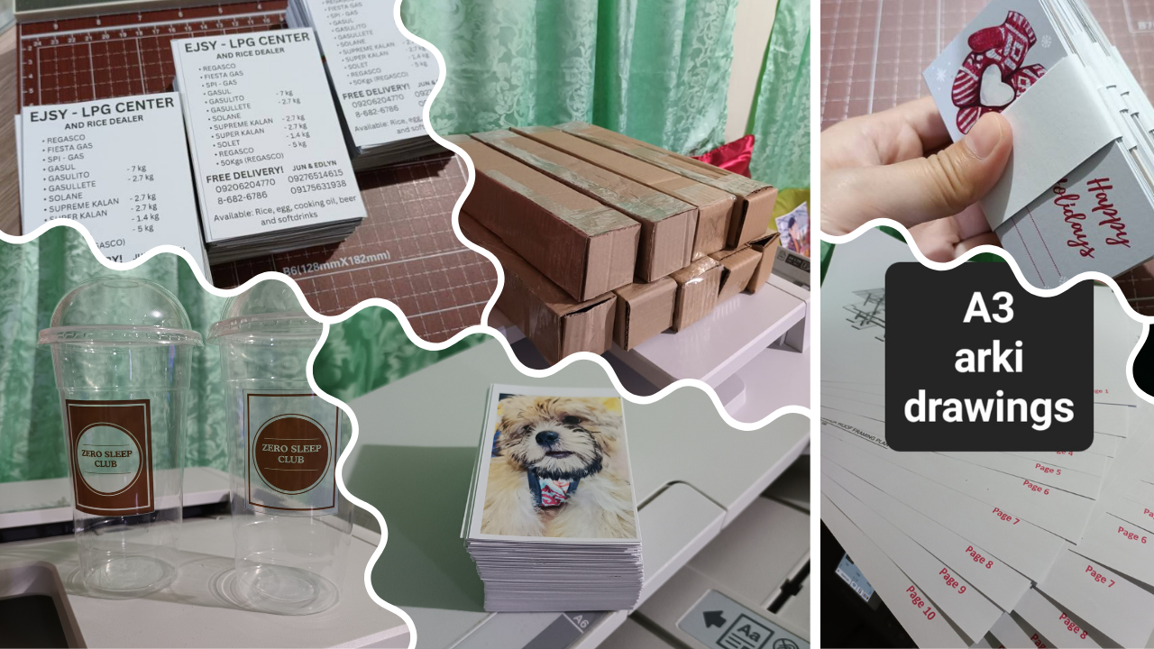 A photo collage of printed cards, photos, stickers, documents, A3 architectural drawings, flyers, and recycled boxes for packing