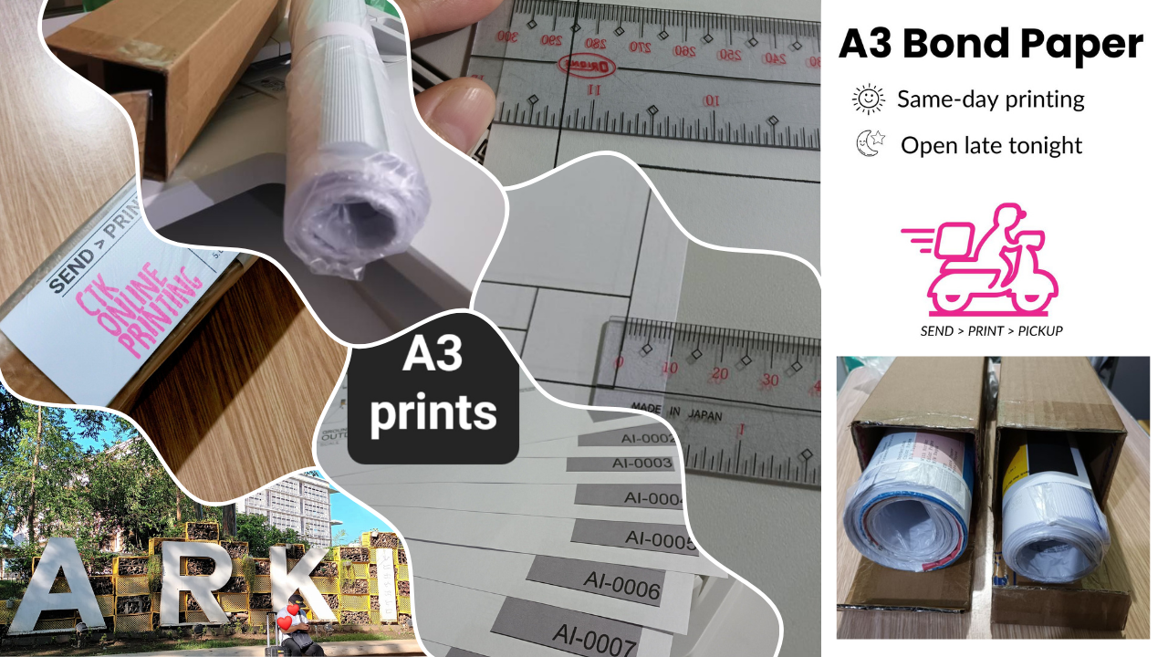 A photo collage of A3-sized documents printed, rolled, and carefully packed in clean, recycled boxes ready for pickup