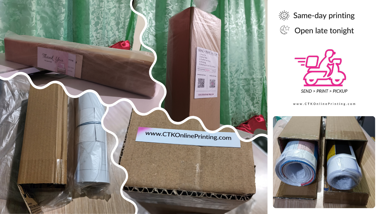 A photo collage of printed documents rolled and carefully packed in clean, recycled boxes with branded Thank You card inserts, stickers, and flyers
