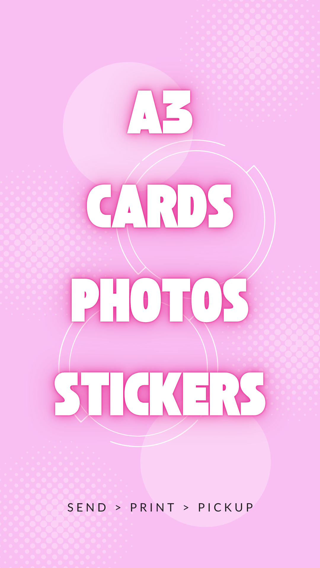 Pink graphics with bold texts saying A3, CARDS, PHOTOS, STICKERS and sub headline text with the slogan SEND > PRINT > PICKUP as the printing process flow in online printing
