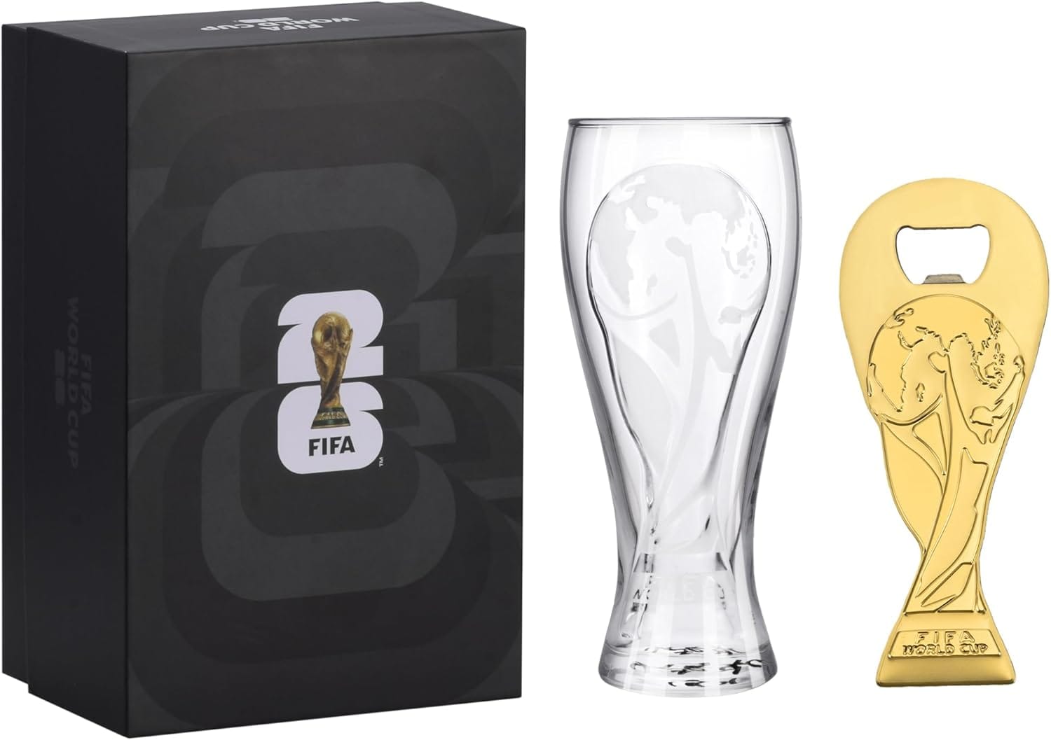 Official FIFA World Cup 2026 Edition - 17oz Pilsner Beer Glass & 6-Inch Trophy Bottle Opener Gift Set