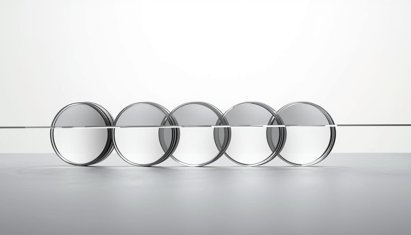 Transparent glass lenses arranged in a slightly misaligned horizontal stack bend a straight line off course against a clean white background, illustrating distortion through layered misalignment.