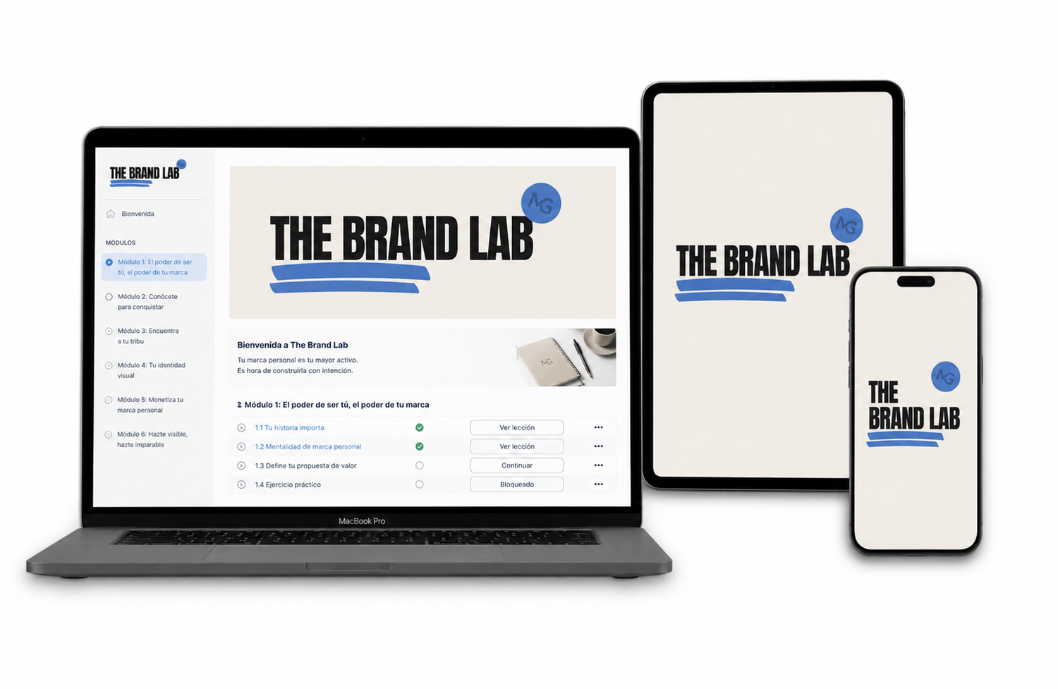 The Brand Lab - vista previa del curso en laptop, tablet y celular