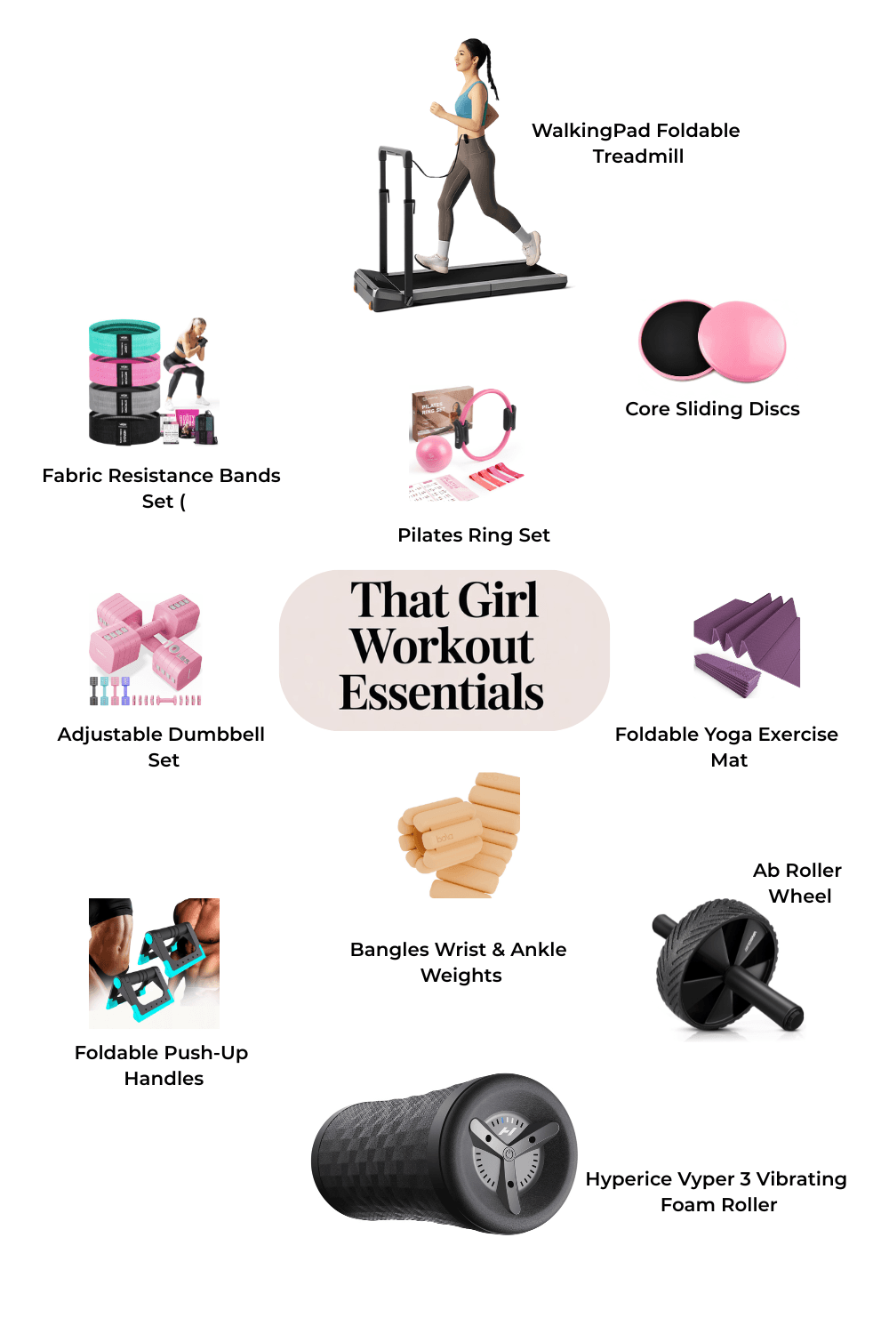 Clean minimalist collage on white background, headline text “HOME WORKOUT essentials” at top, neutral beige and cream fitness equipment arranged evenly, foldable walking pad, adjustable dumbbells, Pilates ring, resistance bands, ankle weights, yoga mat, ab roller, foam roller, soft daylight, Scandinavian aesthetic, calm wellness vibe, high-end lifestyle photography, Pinterest vertical, ultra clean, no clutter