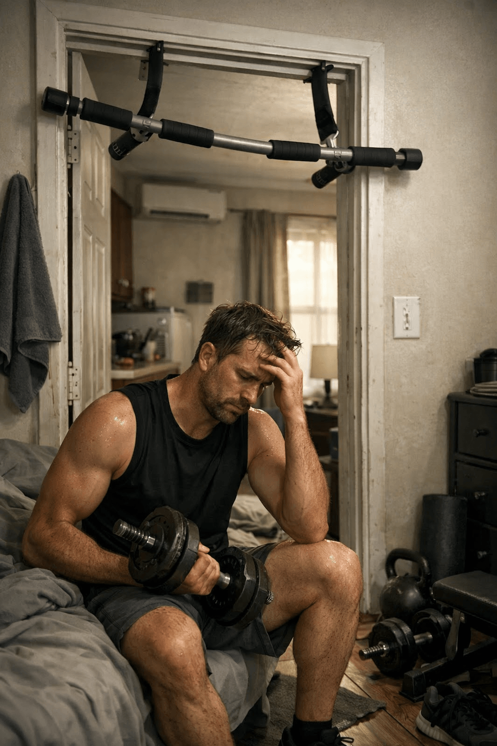 Small apartment bedroom with cramped workout space, unstable doorway pull-up bar, limited space, frustrated fitness user, realistic lighting, minimal decor, vertical image, apartment gym struggle aesthetic