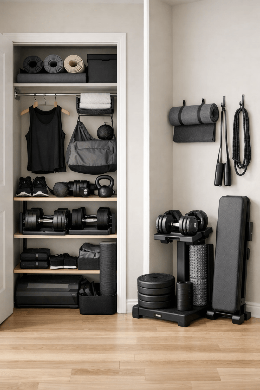 Small apartment home gym storage solutions, compact fitness equipment stacked neatly in closet and corners, renter-friendly setup, clean minimalist design
