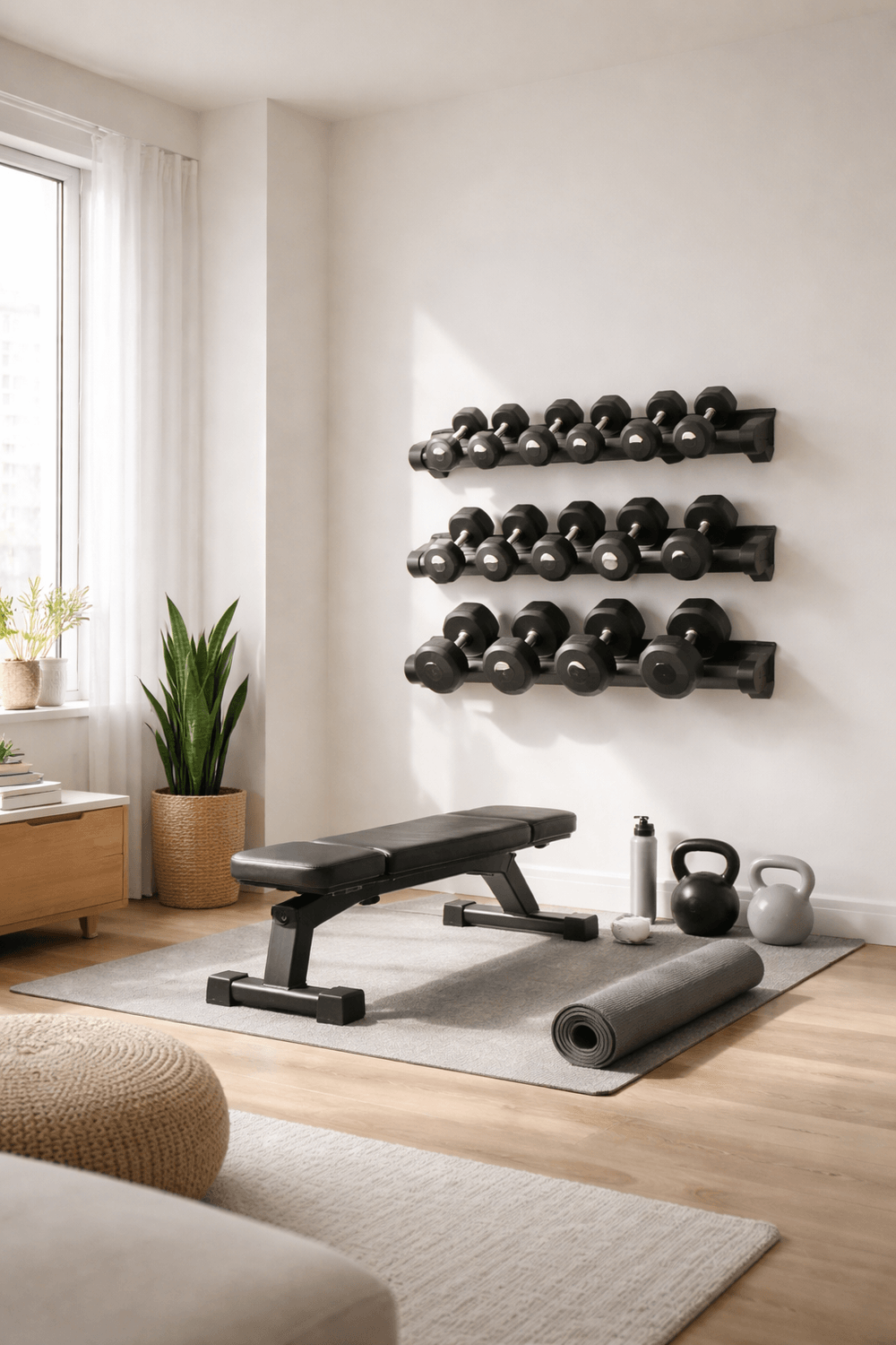 Bright minimalist home gym corner