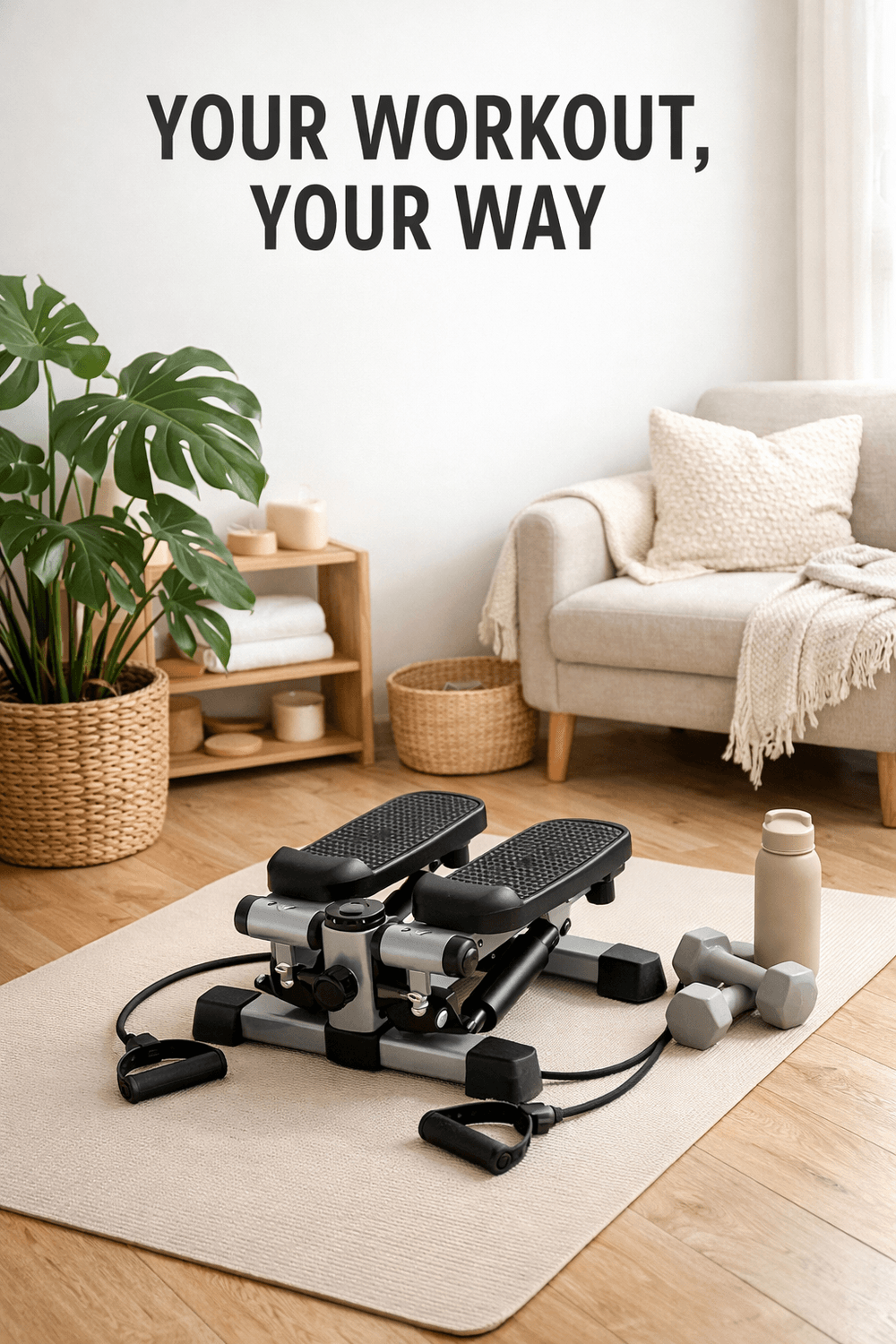 Quiet mini stepper on exercise mat in modern apartment living room, space-saving home gym setup