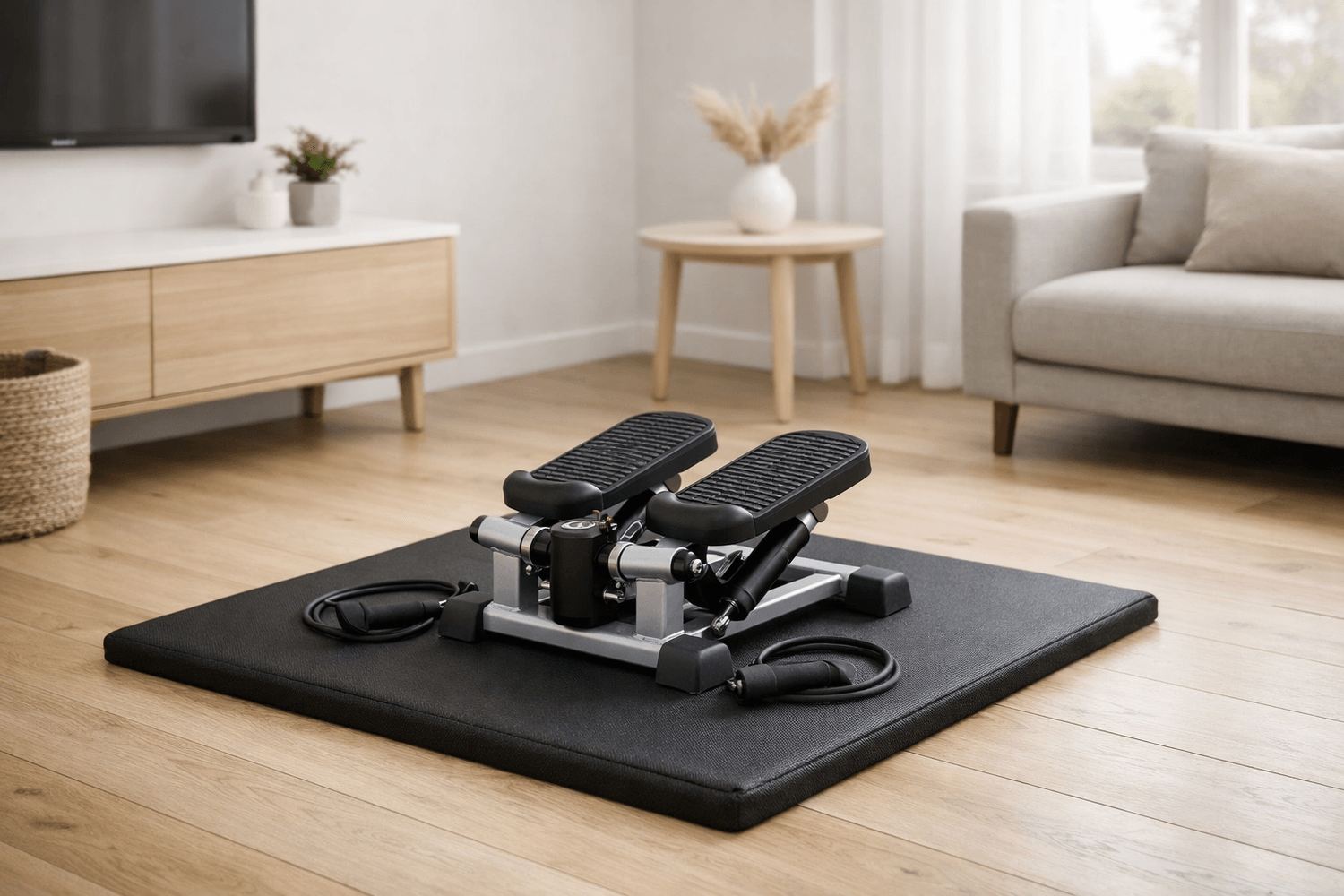 Quiet mini stepper placed on a thick exercise mat in a modern apartment living room, showing a compact, low-noise cardio setup suitable for apartment workouts.