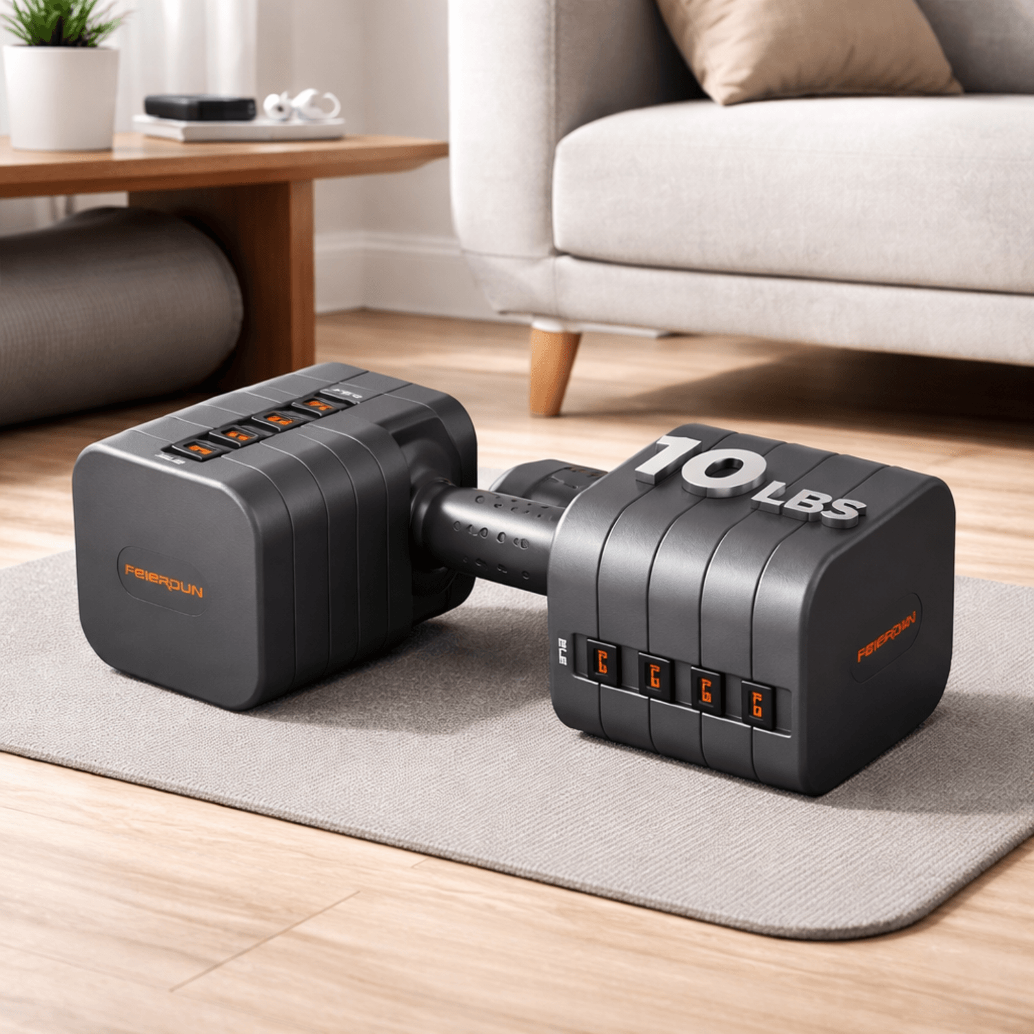 FEIERDUN 5-in-1 adjustable dumbbells with square anti-roll design, perfect for under-bed storage