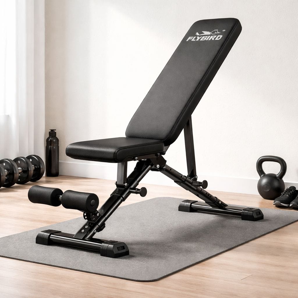 FLYBIRD adjustable weight bench in a compact mini home gym setup for small apartment workouts