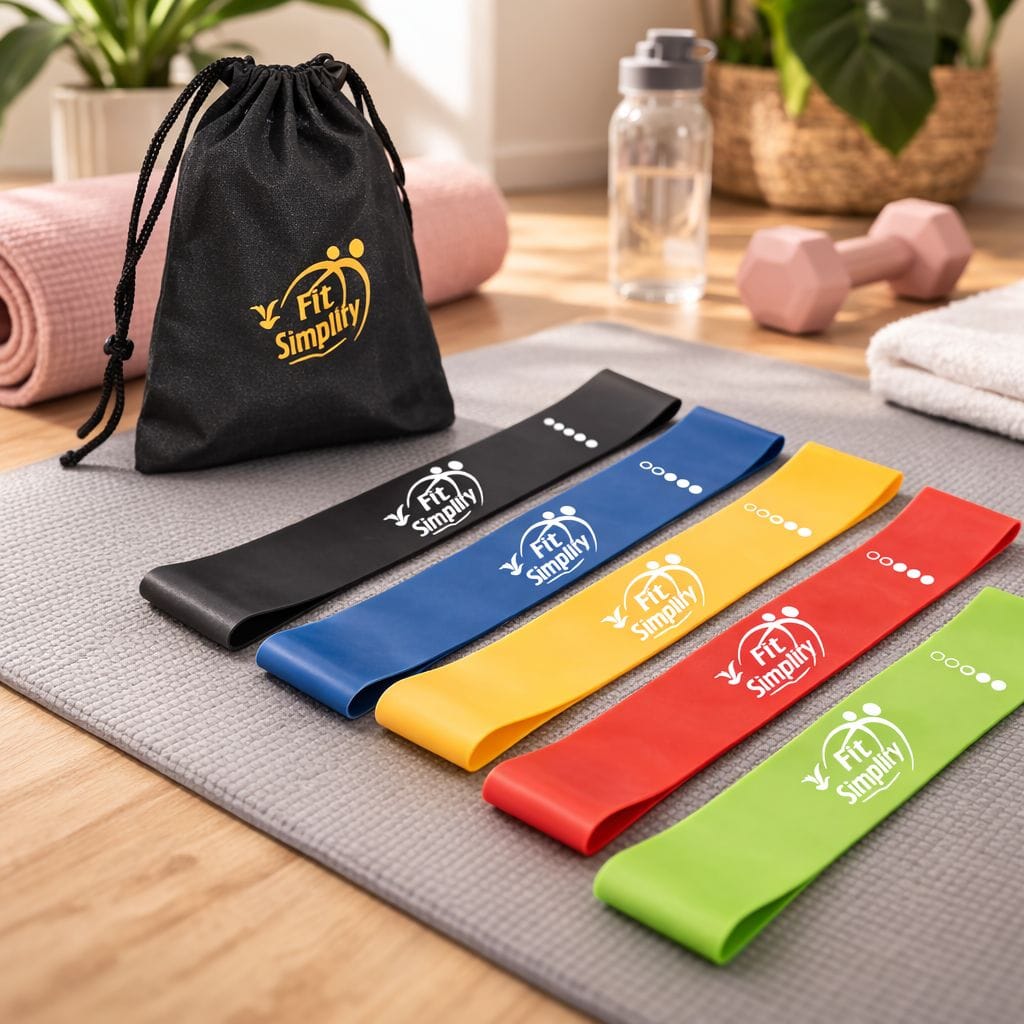 Fit Simplify resistance loop exercise bands set of 5 with carry bag for compact home gym workouts