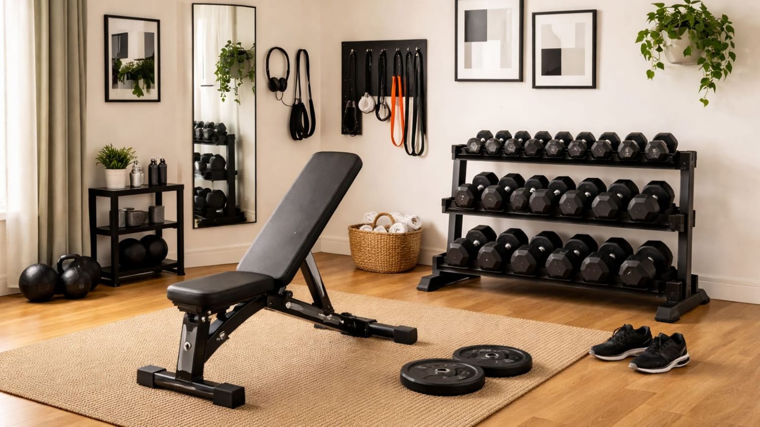 Organized home gym corner with dumbbell rack in a small space