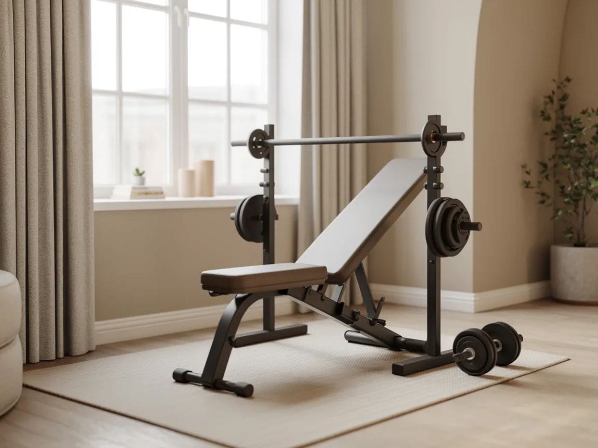foldable weight bench in small apartment home gym setup near window