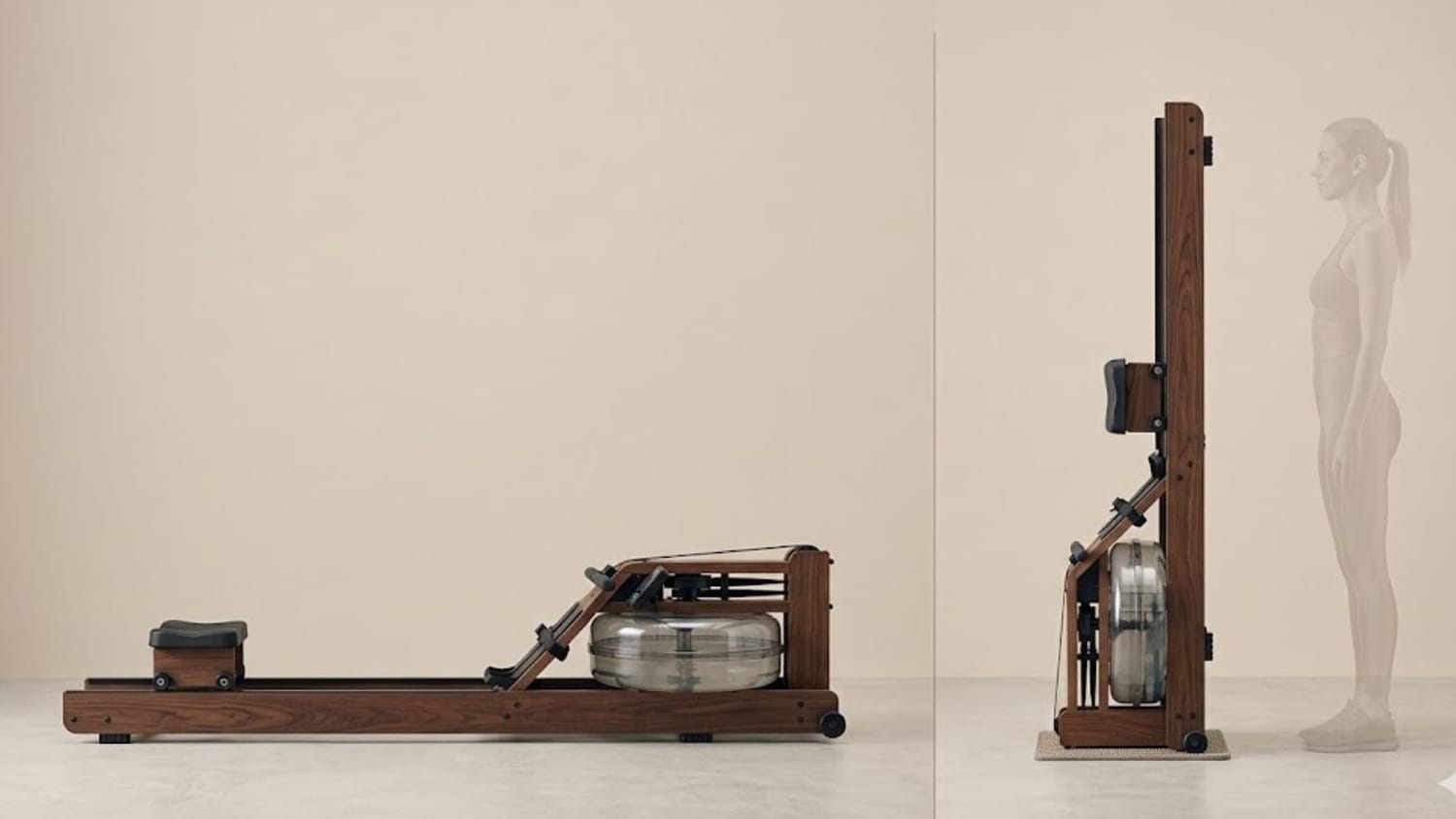 Side by side showing a rower folded upright vs fully extended for use