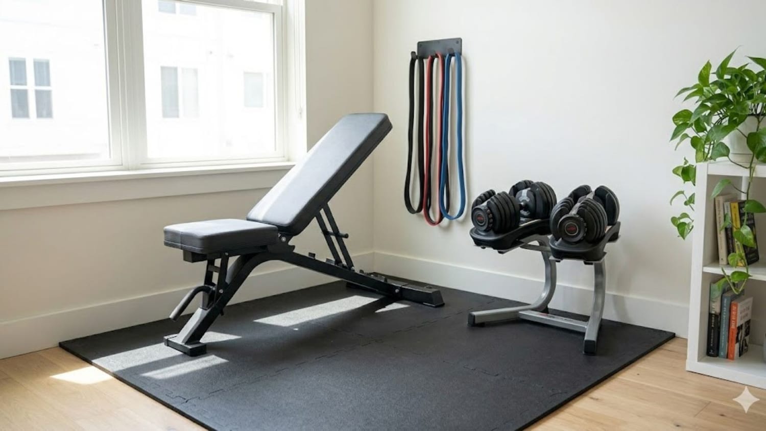 Optimized under 50 sq. ft. apartment gym corner with foldable weight bench and adjustable dumbbells