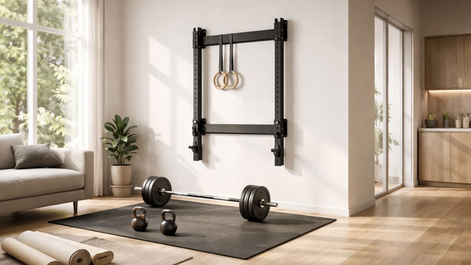 Wall-mounted folding squat rack in a small apartment home gym