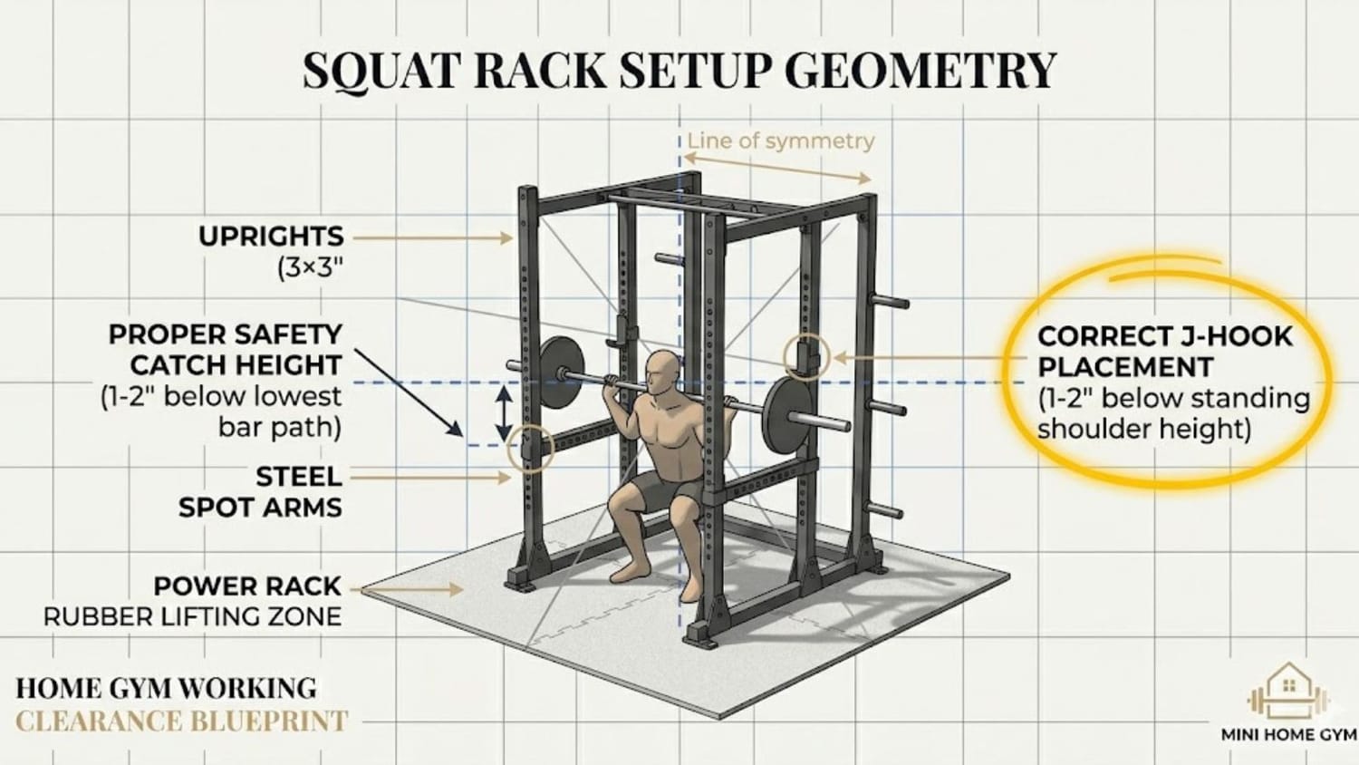 Educational diagram illustrating where J-hooks should set relative to shoulder height and where spotter arms catch the barbell below the lowest squat depth.