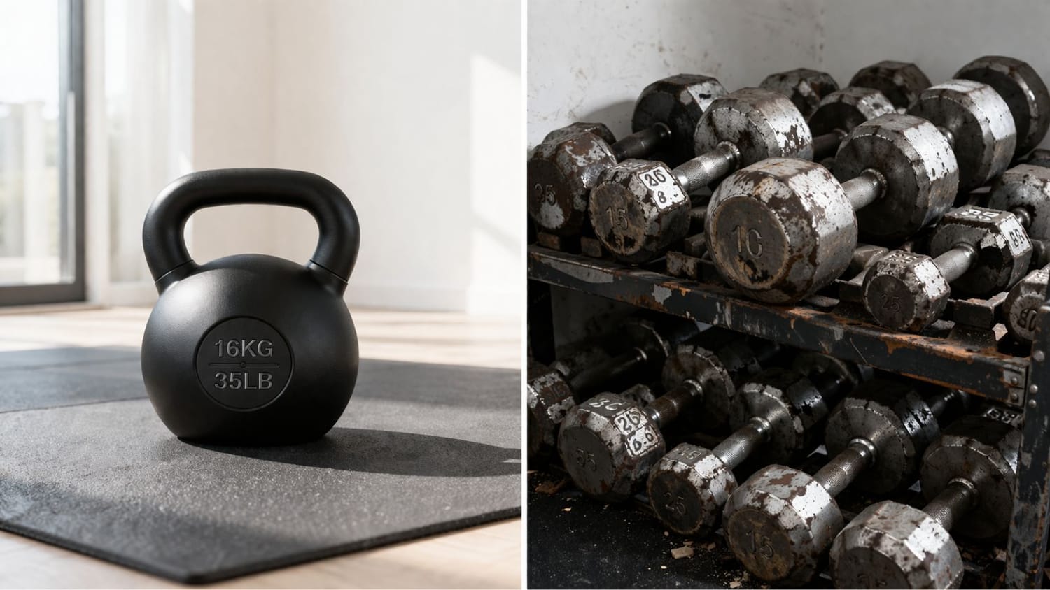 Visual comparison showing a single kettlebell vs a bulky dumbbell rack