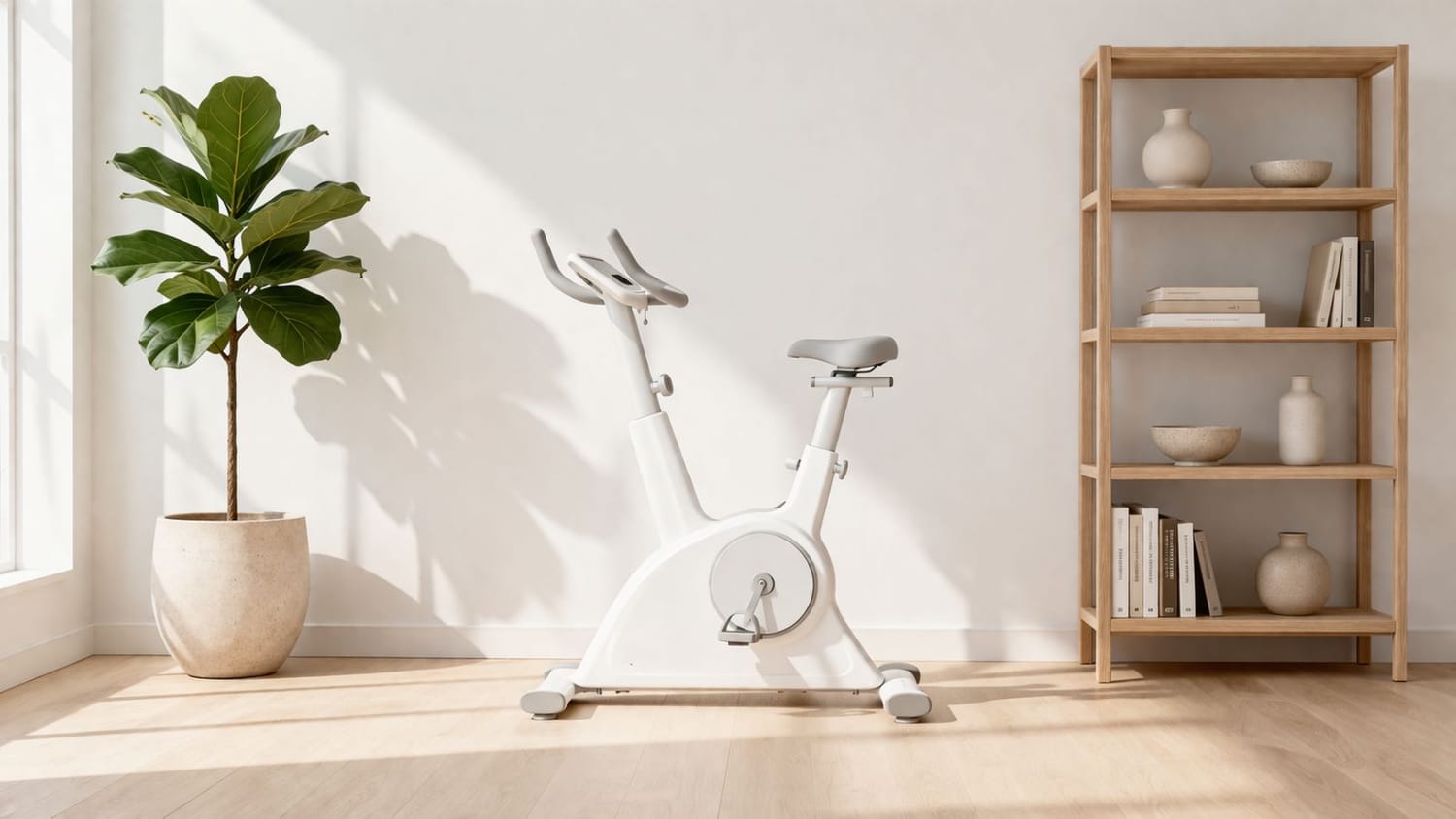 Compact exercise bike integrated into a minimalist Scandi-style living room