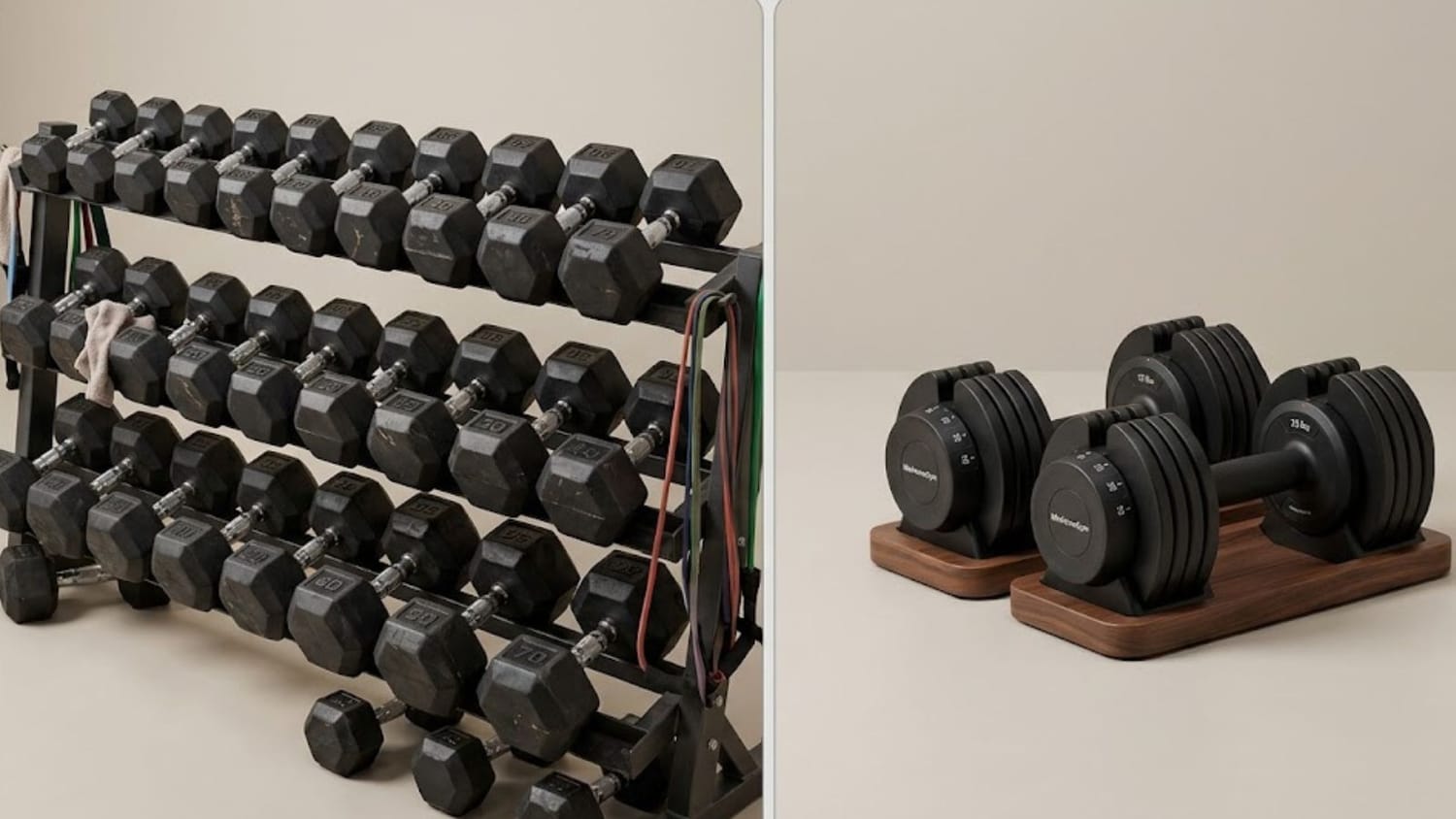 Comparison of 15 dumbbell pairs vs one adjustable pair
